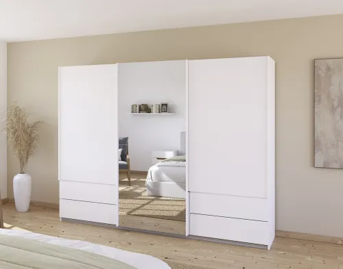 Schwebetürenschrank Elara mit Spiegel | alpinweiß | 271 x 210 x 62 cm