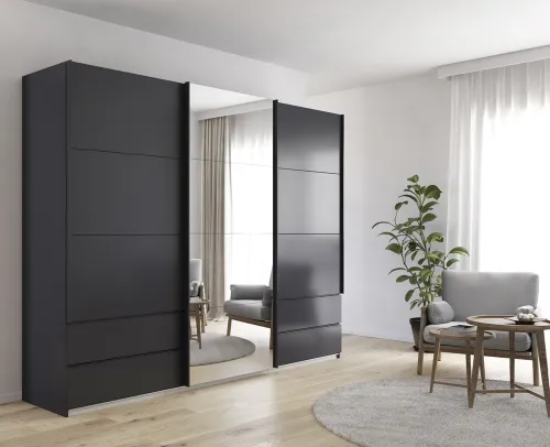 Schwebetürenschrank Elara mit Spiegel | grau metallic | 271 x 210 x 62 cm