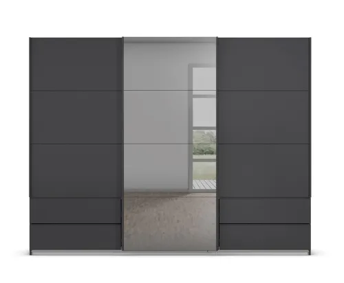 Schwebetürenschrank Elara mit Spiegel in grau | grau metallic | 271 x 210 x 62 cm