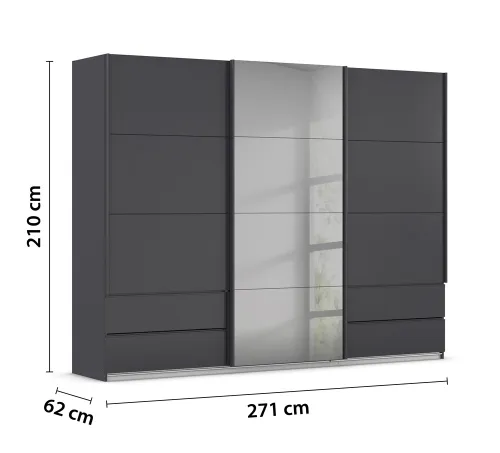 Schwebetürenschrank Elara mit Spiegel in grau | grau metallic | 271 x 210 x 62 cm