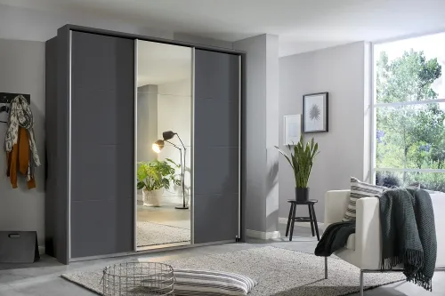 Schwebetürenschrank Kulmbach | 3-türig | mit Spiegel & Zubehör | grau metallic | 203x229