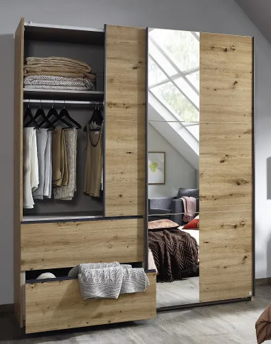 Schwebetürenschrank Sevilla mit Spiegel | 2-türig | Eiche Artisan / grau metallic | 175 x 210 x 59 cm