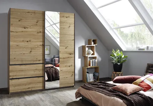 Schwebetürenschrank Sevilla mit Spiegel | 2-türig | Eiche Artisan / grau metallic | verschiedene Größen