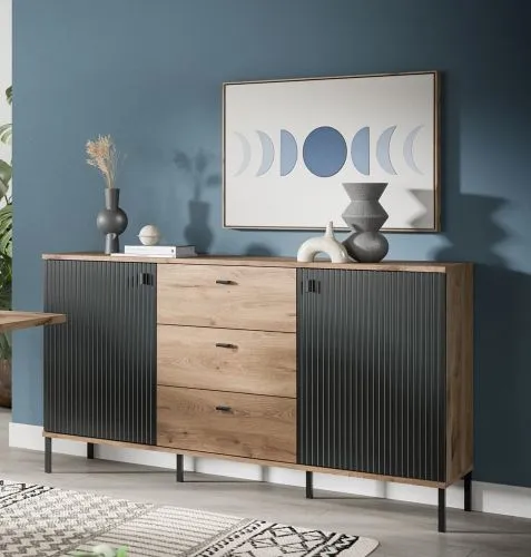 Sideboard Chess | mit 3 Schubkästen | Nox Oak / schwarz