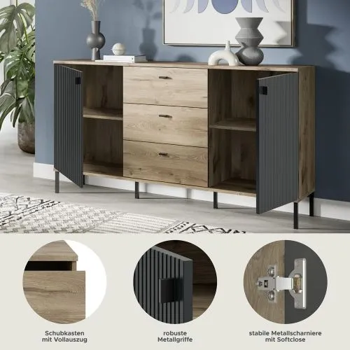 Sideboard Chess | mit 3 Schubkästen | Nox Oak / schwarz