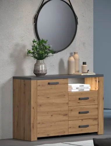 Sideboard Follow mit Schubkästen | Artisan Eiche / Matera grau mit Beleuchtung