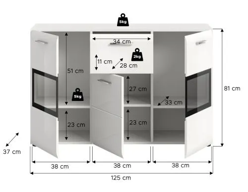 Sideboard Ice | mit Vitrinen | weiß / schwarz