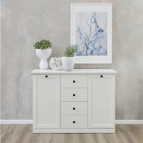 Sideboard Kommode Baxter 120 cm, weiß, Landhausstil, im Wohnzimmer, 2 Türen links, 4 Schubkästen rechts, schwarze Griffe – Ansicht 4