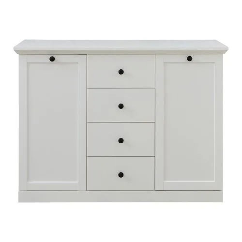 Sideboard Kommode Baxter 120 cm, weiß, Landhausstil, im Wohnzimmer, 2 Türen links, 4 Schubkästen rechts, schwarze Griffe – Ansicht 5