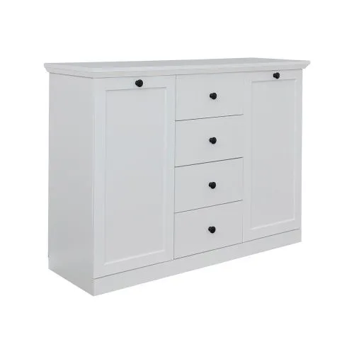 Sideboard Kommode Baxter 120 cm, weiß, Landhausstil, im Wohnzimmer, 2 Türen links, 4 Schubkästen rechts, schwarze Griffe – Ansicht 6