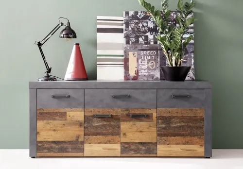 Sideboard Kommode Indy | Old Used Wood / Matera grau | 178x77 cm | Shabby Look