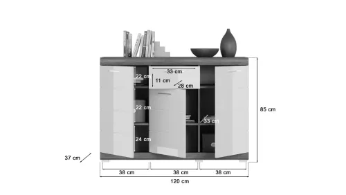 Sideboard Kommode Scout 2 | weiß Hochglanz / rauchsilber