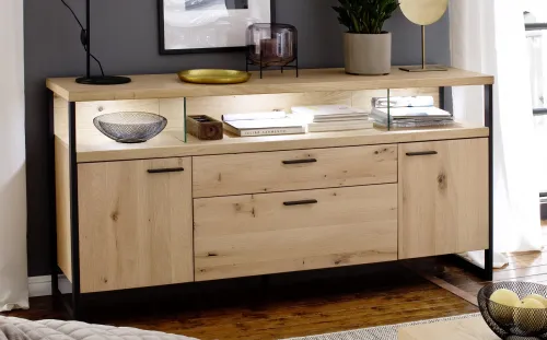 Sideboard Salerno | Balkeneiche / Eiche Bianco | mit 3er Set LED Unterbauspot