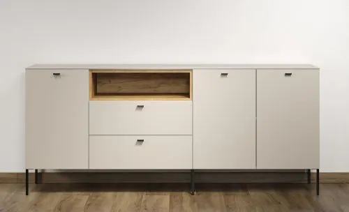 Sideboard Sao Paulo 1, Kaschmir Dekor, Offenes Mittelfach, 2 Schubkästen, Türfronten mit Griffmulden – Ansicht 3