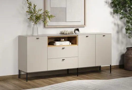 Sideboard Sao Paulo 1, Kaschmir Dekor, Offenes Mittelfach, 2 Schubkästen, Türfronten mit Griffmulden – Ansicht 6