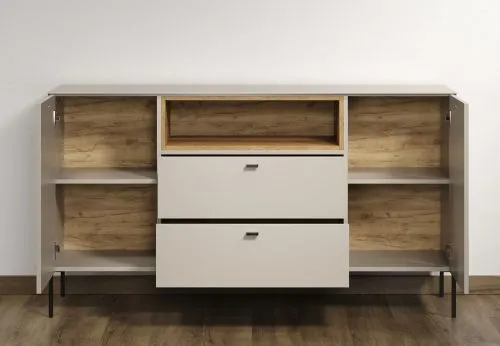 Sideboard Sao Paulo, Kaschmir Dekor, im Wohnzimmer, mit offenen Fächern und Schubkästen, Metallfüße – Ansicht 4