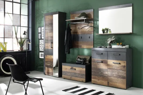 Sitzbank Garderobe Indy | Old Used Wood / Matera grau | Shabby Look