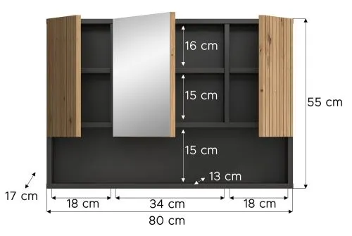 Spiegelschrank Mone | mit offenem Fach | Basalt grau / Artisan Oak