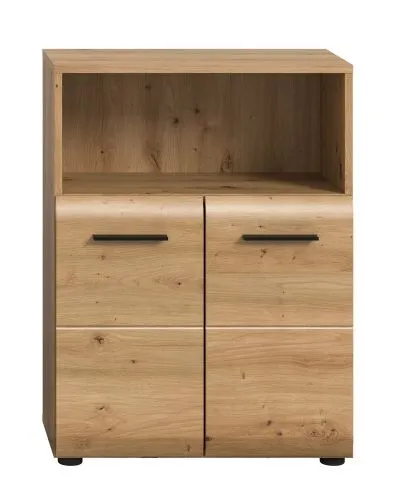 Standschrank breit Ice, Artisan Eiche Dekor, im Bad, offenes Fach oben, 4 Schubkästen, schwarze Griffleisten – Ansicht 3