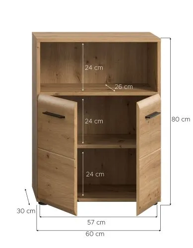 Standschrank breit Ice, Artisan Eiche Dekor, im Bad, offenes Fach oben, 4 Schubkästen, schwarze Griffleisten – Ansicht 5