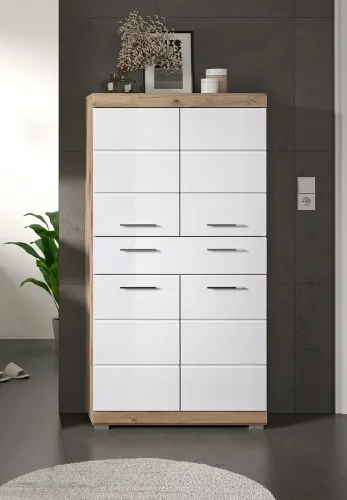 Standschrank breit Wave | weiß Hochglanz / Nox Oak
