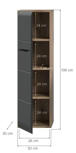 Standschrank Hängeschrank Ice, schwarz matt, schmaler Schrank mit 4 Schubkästen, Seite mit Holzrahmen sichtbar – Ansicht 5