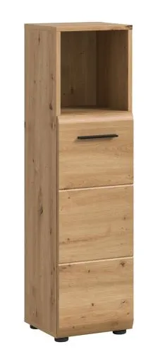 Standschrank hoch Ice, Artisan Eiche Dekor, Schmales Hochregal mit 3 Schubkästen und offenem Fach oben – Ansicht 2