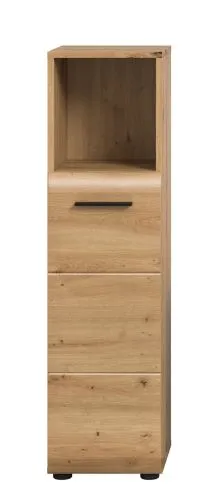 Standschrank hoch Ice, Artisan Eiche Dekor, Schmales Hochregal mit 3 Schubkästen und offenem Fach oben – Ansicht 3