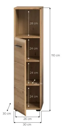Standschrank hoch Ice, Artisan Eiche Dekor, Schmales Hochregal mit 3 Schubkästen und offenem Fach oben – Ansicht 5