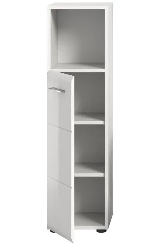 Standschrank hoch Ice, weiß Hochglanz, Offenes Fach oben, 1 Tür mit Griff, 2 Schubkästen, Standfüße – Ansicht 4