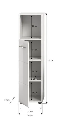 Standschrank hoch Ice, weiß Hochglanz, Offenes Fach oben, 1 Tür mit Griff, 2 Schubkästen, Standfüße – Ansicht 5