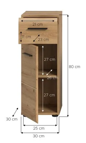 Standschrank klein Ice, Artisan Eiche Dekor, 3 Schubkästen mit schwarzen Griffmulden – Ansicht 5