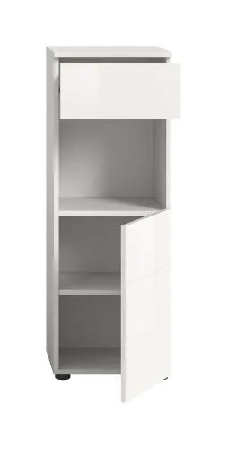 Standschrank Vira klein, weiß Hochglanz, Schrank mit offener Nische, 1 Tür oben, 2 Schubkästen unten – Ansicht 4