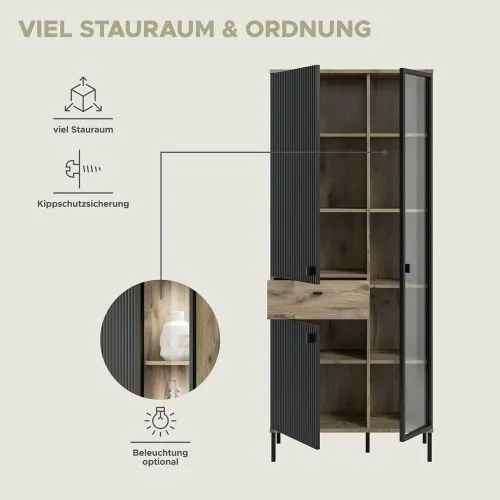 Stauraumvitrine Chess | Nox Oak / schwarz Komplettset