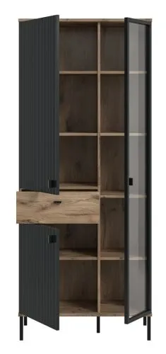 Stauraumvitrine Chess | Nox Oak / schwarz mit 2er Set Unterbauspot