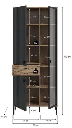 Stauraumvitrine Chess | Nox Oak / schwarz mit 2er Set Unterbauspot