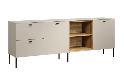 TV-Board Lowboard Sao Paulo, Schubkästen links, offenes Fachwerk mit Böden in der Mitte, Türen rechts, Metallfüße – Ansicht 2