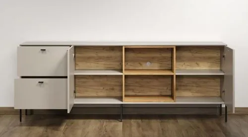 TV-Board Lowboard Sao Paulo, Schubkästen links, offenes Fachwerk mit Böden in der Mitte, Türen rechts, Metallfüße – Ansicht 4