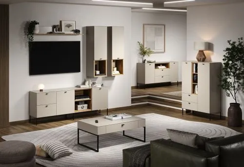 TV-Board Lowboard Sao Paulo, Schubkästen links, offenes Fachwerk mit Böden in der Mitte, Türen rechts, Metallfüße – Ansicht 7