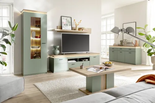 TV-Board Moniz | Salbei grün / Eiche Evoke