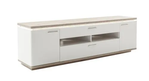 TV-Board Palermo, Soft white Dekor, TV-Board mit offenen Fächern in der Mitte, 2 geschlossene Schubkästen, Griffmulden – Ansicht 2