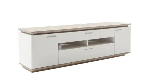 TV-Board Palermo, Soft white Dekor, TV-Board mit offenen Fächern in der Mitte, 2 geschlossene Schubkästen, Griffmulden – Ansicht 3