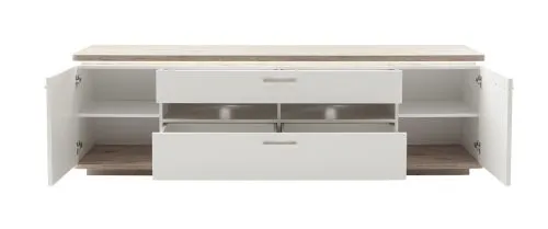 TV-Board Palermo, Soft white Dekor, TV-Board mit offenen Fächern in der Mitte, 2 geschlossene Schubkästen, Griffmulden – Ansicht 4
