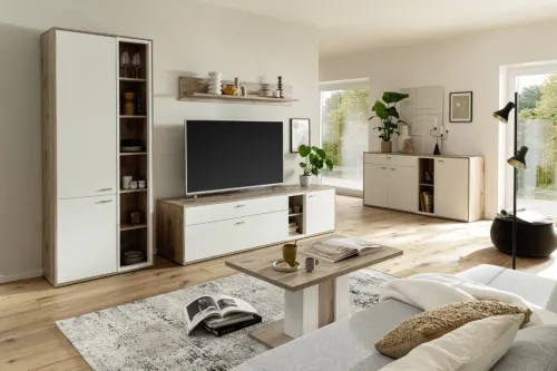 TV-Board Santerno | Soft white / Viking Oak | LED Beleuchtung