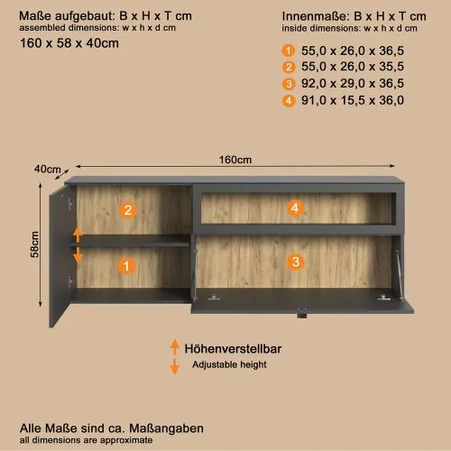 TV Lowboard Bellugi 1, Anthrazit, Evoke Eiche – Ansicht 4