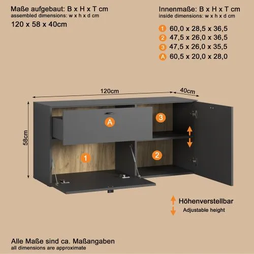 TV Lowboard Bellugi, Anthrazit, Evoke Eiche – Ansicht 5