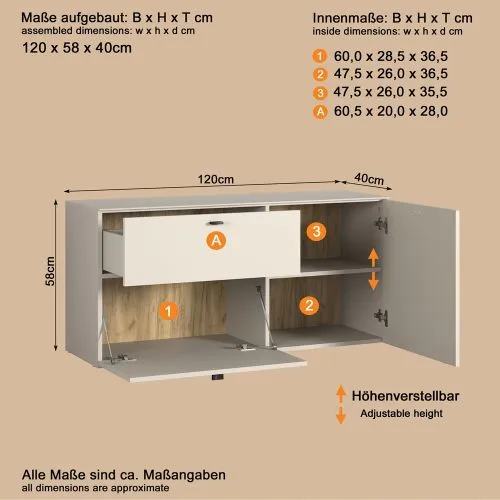 TV Lowboard Bellugi, Cashmere, Evoke Eiche – Ansicht 4