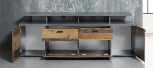 TV Lowboard Mood | Old Used Wood / Matera grau | Shabby Look mit 4er Set LED Beleuchtung