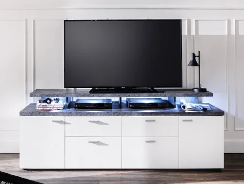 TV Lowboard Mood | weiß / Stone dunkel mit 4er Set LED Unterbauspots