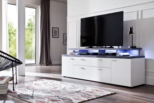 TV Lowboard Mood | weiß / Stone dunkel mit 4er Set LED Unterbauspots